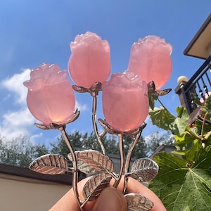 May include: A cluster of four pink rose quartz flowers with silver-colored stems and leaves. The rose quartz blooms are carved to resemble roses. The stems and leaves are detailed with intricate veining. The flowers are held in a hand against a blue sky.