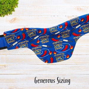 May include: Blue fabric dog collar with a repeating pattern of red chili peppers and the text "Try Our Famous Spicy Propofol".