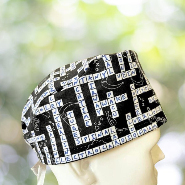 Anesthesia Crossword Scrub Cap, Modern Nurse Hat, CNA, MD, Tech, Gift