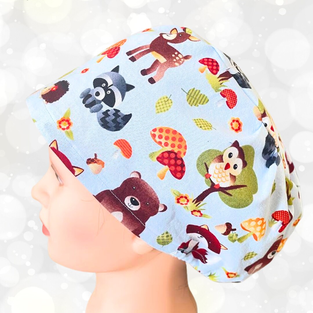 PREMIUM EURO Style Scrub Cap Forest Friends Scrub Hats Women Euro Style