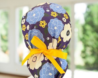 Purple Floral Ponytail Scrub Cap: Surgical Hat with Ribbon Ties