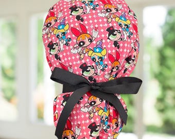 Powerpuff Girls Ponytail Scrub Cap: Surgical Hat with Ribbon Ties