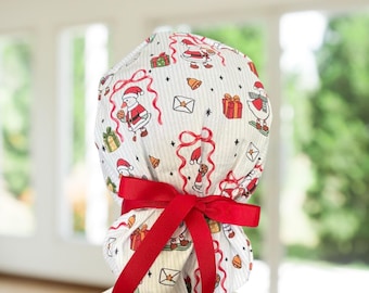 Christmas  Goose Ponytail Scrub Cap: Surgical Hat with Red Ribbon Ties