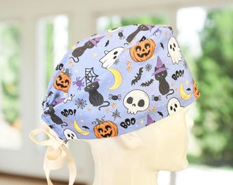 Meow Halloween~ Scrub Cap, Modern or Ponytail Nurse Hat, CNA, MD, Tech, Gift