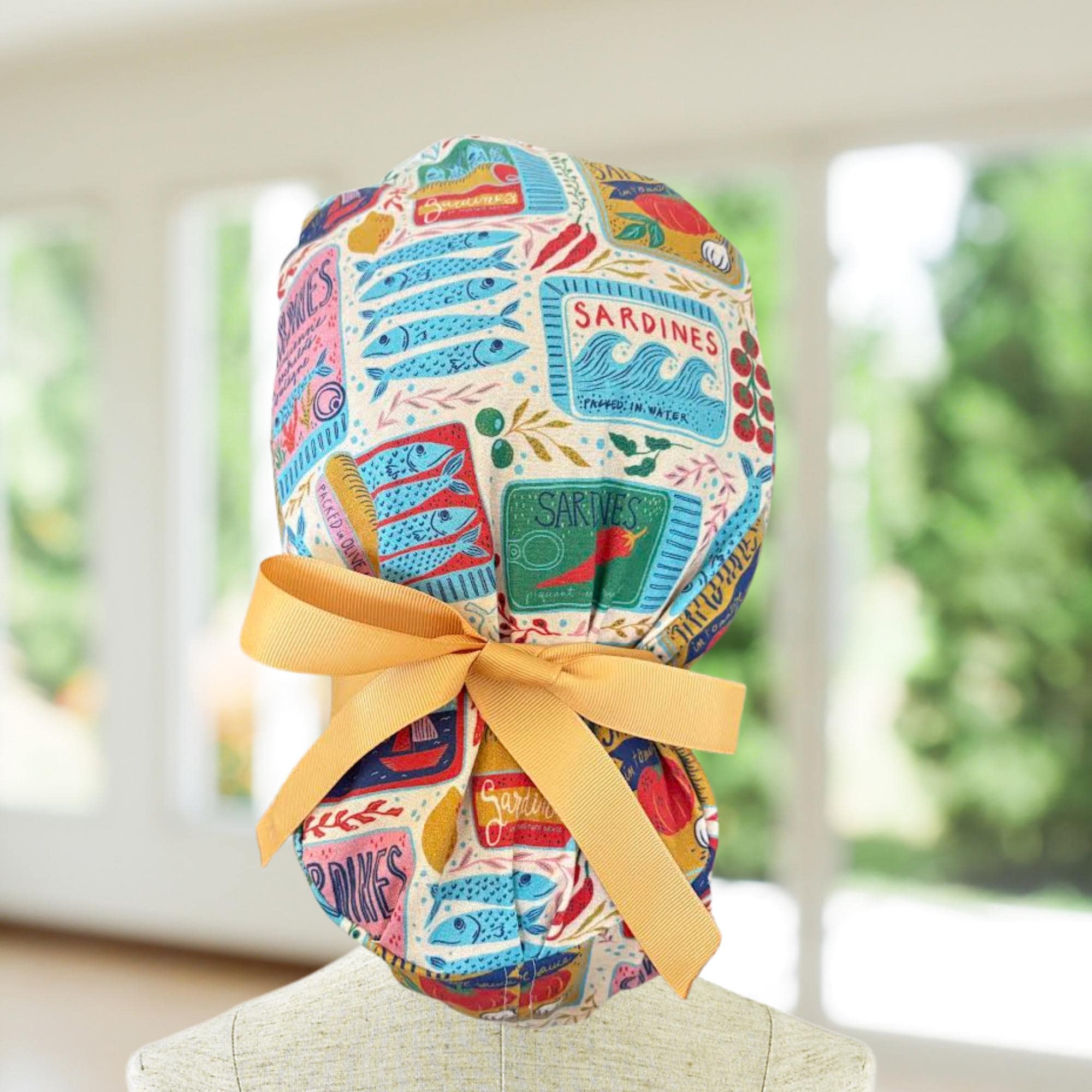 Vintage Sardines Ponytail Scrub Cap: Surgical Hat, OR, CNA