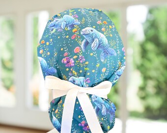 Floral Manatee Ponytail Scrub Cap: Surgical Hat, OR, CNA RN, Gift
