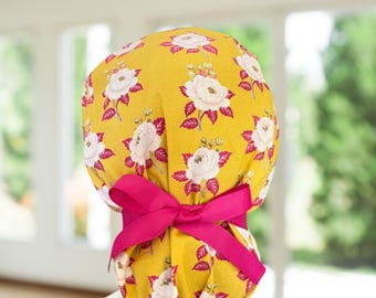 Antique Roses Ponytail Scrub Cap: Surgical Hat with Ribbon Ties