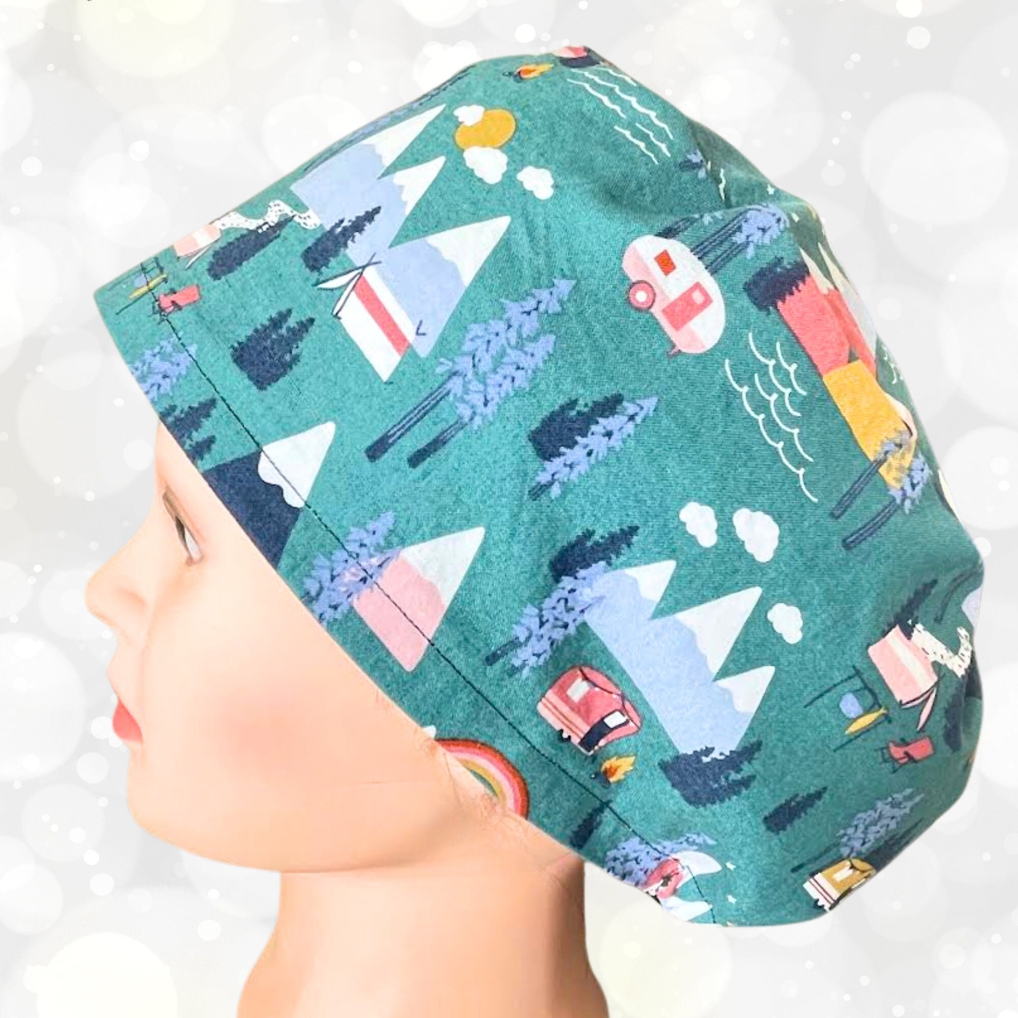 EURO Style Scrub Cap Campers & Mountains Scrub Hats Women Euro Style