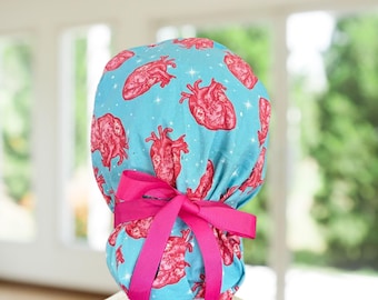 Human Hearts on teal Ponytail Scrub Cap, Surgical Hat, MD, CNA, RN, Vet, Gifts.
