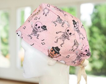 Dancing Pop Skulls Halloween~ Scrub Cap, Modern or Ponytail Nurse Hat, CNA, MD, Tech, Gift