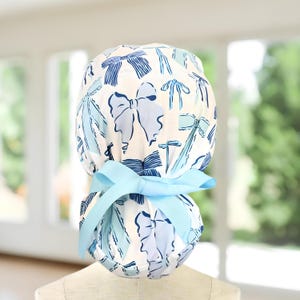 Blue Bows Ponytail Scrub Cap, Surgical Hat. CNA, OR, Tech, Vet, RN, Gift