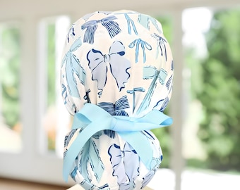 Premium Blue Bows~ Ponytail Scrub Cap, Surgical Hat, OR, CNA, Cap, CRNA, Scrub Cap, Tech, Vet, Gift