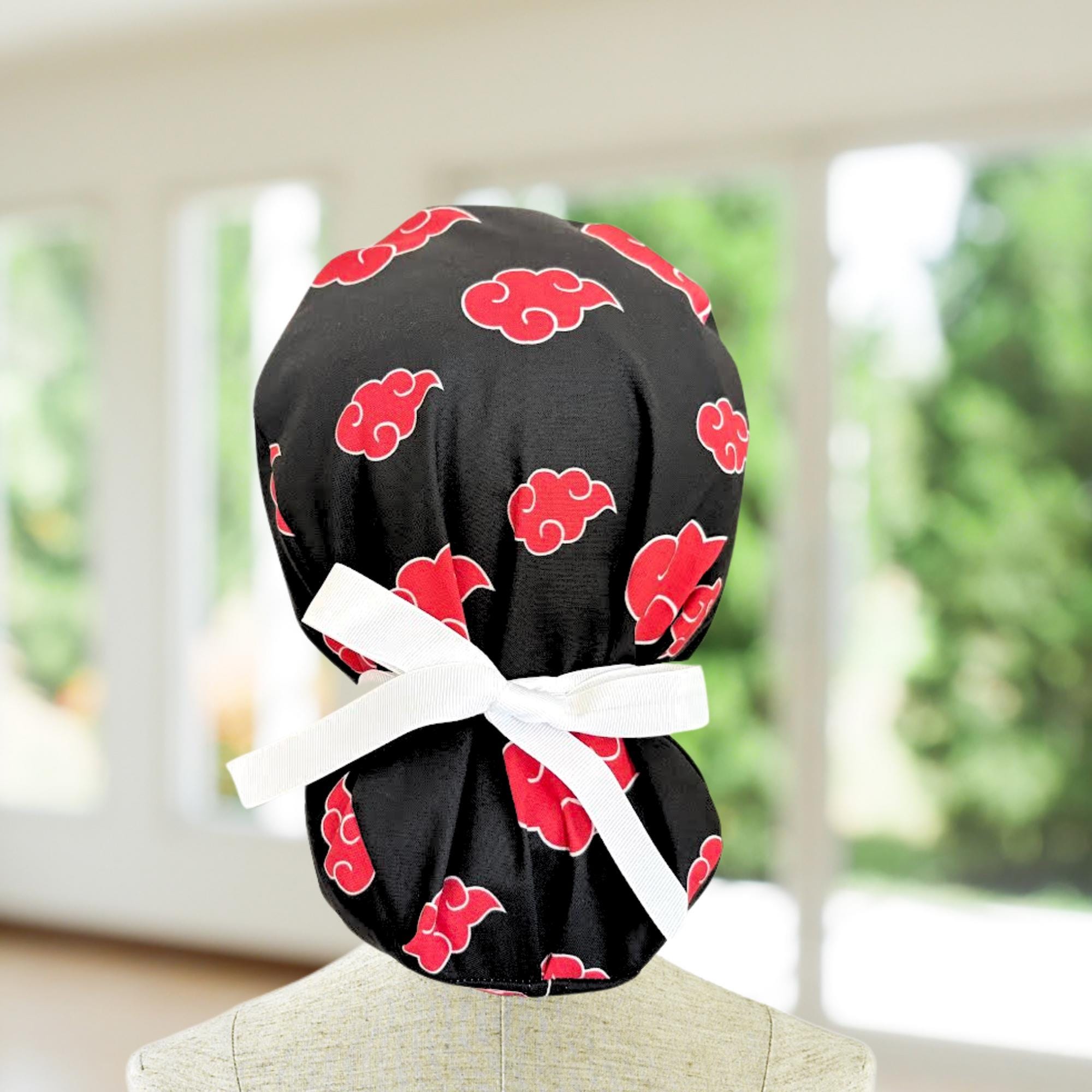 Akatsuki Ponytail Scrub Cap: Surgical Hat with Red Clouds