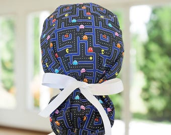 Premium PacMan Retro Game~ Ponytail Scrub Cap, Surgical Hat, OR, CNA, Cap, CRNA, Scrub Cap, Tech, Vet, Gift