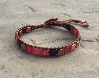 Boho Czechmate Tile Bead Wrap Bracelet, Leather Stacking Bracelet