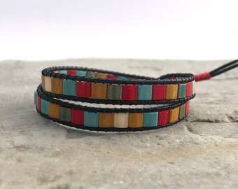 Boho Tila Bead Leather Wrap Bracelet, Turquoise Red Mustard