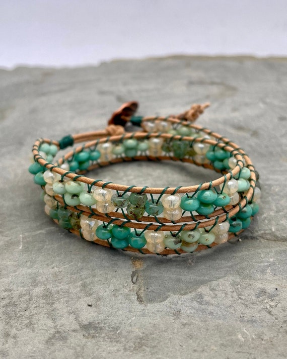 Boho Wrap Bracelet Beaded Leather Wrap Bracelet 6mm Czech Glass