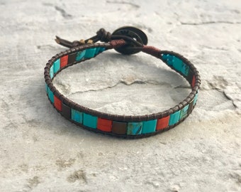 Boho beaded wrap bracelet, Tila bead wrap bracelet, beaded leather stacking bracelet