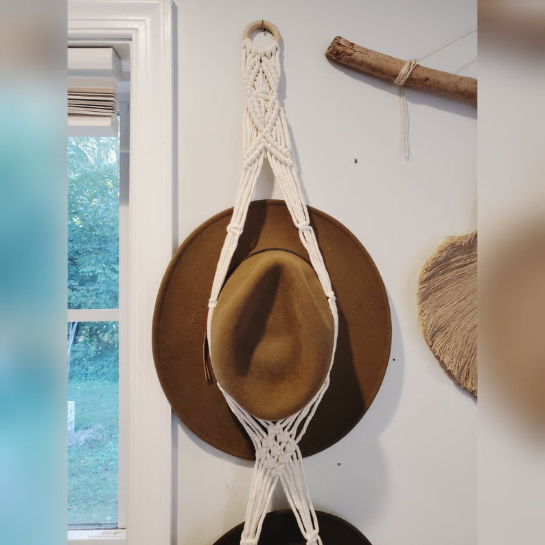 Macrame Hat Hanger Farmhouse Boho Hat Rack Cowboy Gift Holiday Christmas Recycled image 2