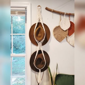 Macrame Hat Hanger Farmhouse Boho Hat Rack Cowboy Gift Holiday Christmas Recycled image 1