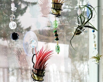 Handmade BEADED Air Plant Hanger + Air Plant for Wall .+*+. Window or Fridge | One Of a Kind | Perfect Gift!