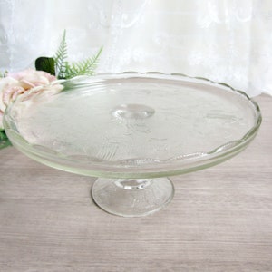 Jeannette Glass Harp Clear Cake Pedestal ~~ Vintage Cake Pedestal Stand Plate, Vintage Serveware Tableware Serving Pieces, Pressed Glass
