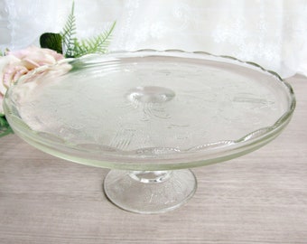 Jeannette Glass Harp Clear Cake Pedestal ~~ Vintage Cake Pedestal Stand Plate, Vintage Serveware Tableware Serving Pieces, Pressed Glass