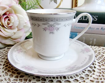 Newcor Dynasty Fine China Colleen Cup and Saucer ~~ Vintage Tea Cup Teaware Serveware Drinkware, Vintage Tea, Tea Lover, Pink and Gray