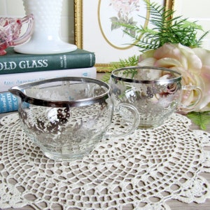 Silver-Plated Sugar Bowl and Creamer Set ~~ Vintage Sugar and Creamer, Vintage Serveware Tableware Teaware, Silver-Plate, Clear Glass