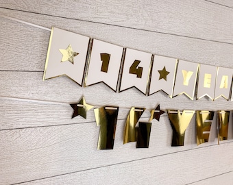 Years Gold Birthday banner on pennants | Party decor | Custom name | Golden birthday party decor | Years gold banner | Golden Birthday