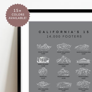 CALIFORNIA&#39;S 15 | Personalized 14er Gift | High Peaks | 14,000 Ft. | Sierra Mountains | Mt. Whitney | Original, Modern Glicée Print