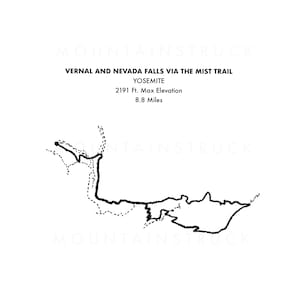 Vernal e Nevada Falls pela trilha da névoa | Yosemite | Califórnia | Mapa de trilha 8x10 para impressão: Mapa de rotas, pés máximos. Elevação e distância