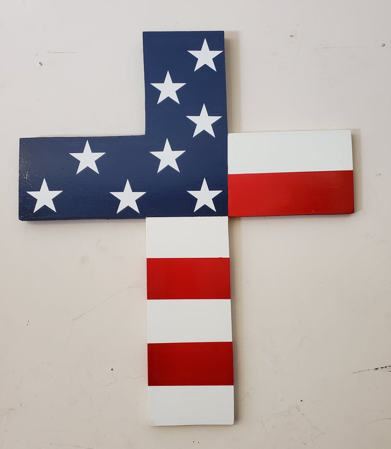 TriColor Painted Wooden Stars and Stripes Patriotic Cross