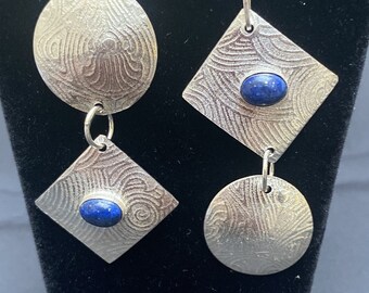 Sterling Silver handcrafted long dangling earrings with lapis lazuli