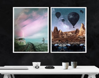 SET OF 2 16x20" Prints, Wall Art, Home Office Wall Art, Digital Collage Prints, Hot Air Balloon Art, Surreal VW Art, Abstract Cappadocia Art