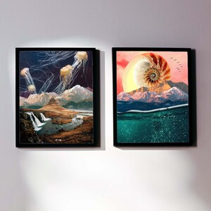 May include: Two framed art prints on a white wall. The print on the left features a landscape with a waterfall and jellyfish in the sky. The print on the right features a seashell with a mountain range in the background.