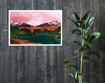 May include: A digital art print featuring a landscape with mountains, a lake, and a large pink moon in the sky. The sky is a gradient of pink and orange.