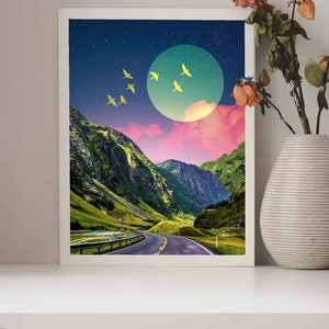 Mountain Moon Art Print Dreamy Surreal Collage Abstract Art, Colorful Art, Road Wall Decor, Pink and Green Poster, Landscape Collage, image 9