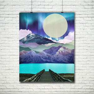 Northern Lights Art, Mountain Wall Art, Lake house decor, Surreal Art, Dock on the lake art, blue and purple wall art, Moon Print image 3