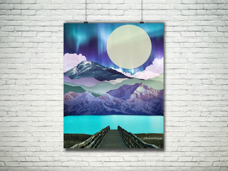 Northern Lights Art, Mountain Wall Art, Lake house decor, Surreal Art, Dock on the lake art, blue and purple wall art, Moon Print image 3