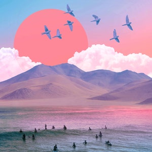 May include: A pink and blue sunset over a mountain range with a group of people surfing in the ocean below.