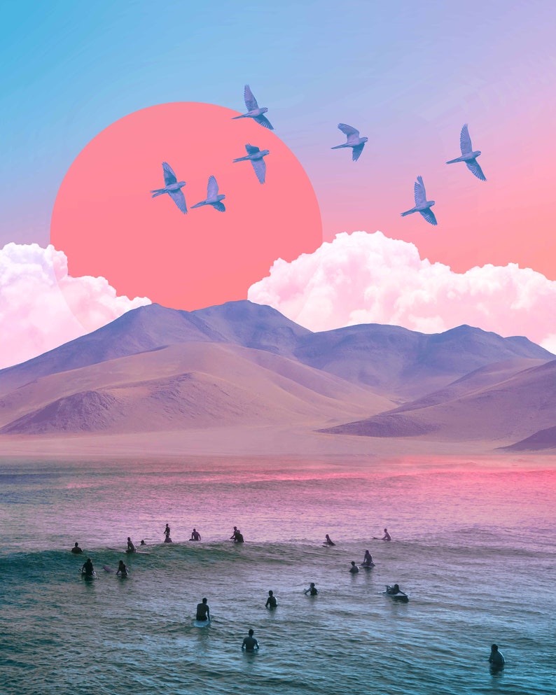 May include: A pink and blue sunset over a mountain range with a group of people surfing in the ocean below.