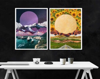 SET OF 2 Prints, Wall Art, Home Office Art Decor, Mountain Art, Surreal Art, Abstract Art, Home Decor, Sunflower Art, Landscape Art