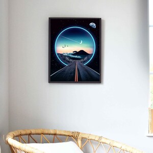 May include: A digital art print featuring a road leading into a glowing blue circle with a crescent moon and stars in the sky. The road is surrounded by mountains and clouds.