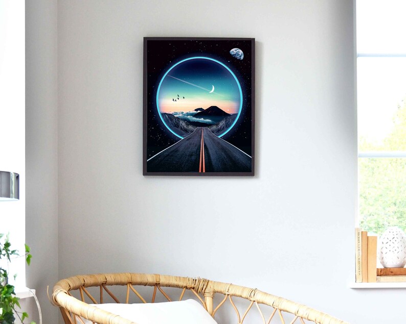 May include: A digital art print featuring a road leading into a glowing blue circle with a crescent moon and stars in the sky. The road is surrounded by mountains and clouds.