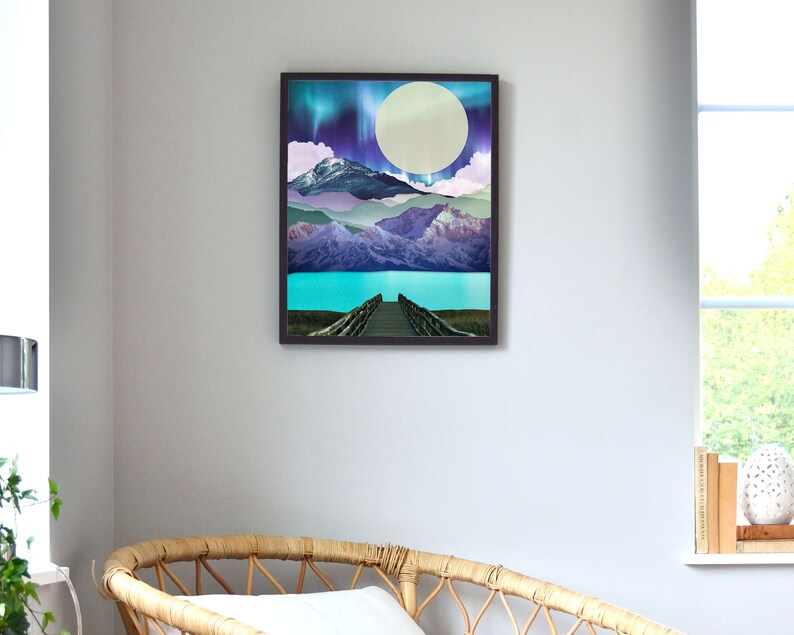 Northern Lights Art, Mountain Wall Art, Lake house decor, Surreal Art, Dock on the lake art, blue and purple wall art, Moon Print image 5
