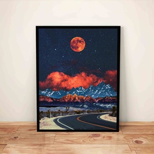 Mountain Wall Art - Surreal Collage Print of Moon and Road | Colorado Abstract Art, Trippy Landscape Art, Road Trip Poster