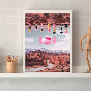 Surreal Pink Desert Art Print Collage of Seven Magic Mountains Abstract Moon Phase Art, Trippy Art, Colorful Landscape Decor image 8