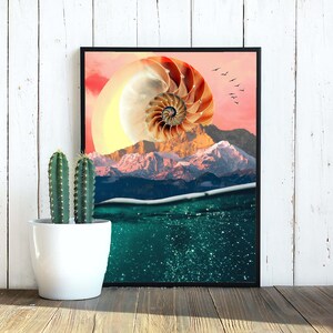 May include: A digital collage featuring a nautilus shell, mountains, and a body of water. The shell is positioned over the mountains, with the water below. The sky is a gradient of pink and orange.