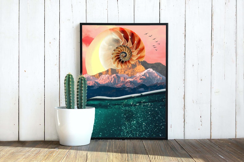 May include: A digital collage featuring a nautilus shell, mountains, and a body of water. The shell is positioned over the mountains, with the water below. The sky is a gradient of pink and orange.